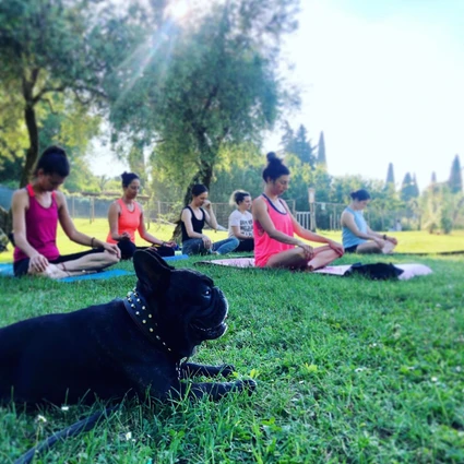 Yoga group lesson outdoors with a view on Lake Garda 20
